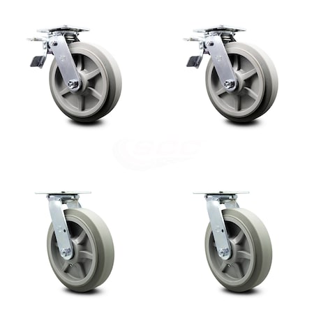 Service Caster 8 Inch Thermoplastic Rubber Caster Set with Ball Bearing 2 Total Lock Brake SCC SCC-TTL30S820-TPRBF-2-S-2